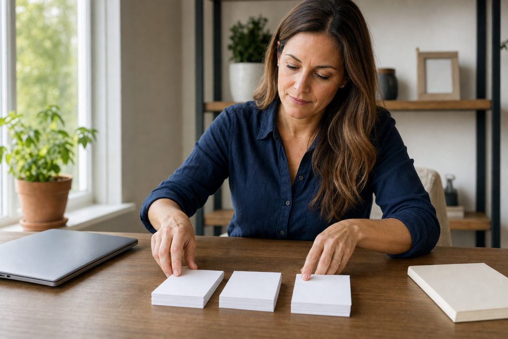 Small-business owner sorting blank decision cards at a desk